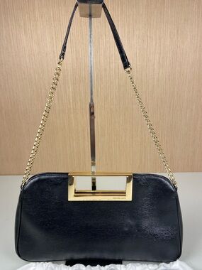 Michael Kors Black Leather Frame Clutch Gold Bar Handle Evening Bag Chain Strap